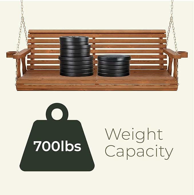Amish Casual 5 Foot Roll Back Porch Swing with Cup Holders in Oak Stain - Amish Made in The USA from Treated Pine Heavy Duty 700 Lb. Weight Capacity