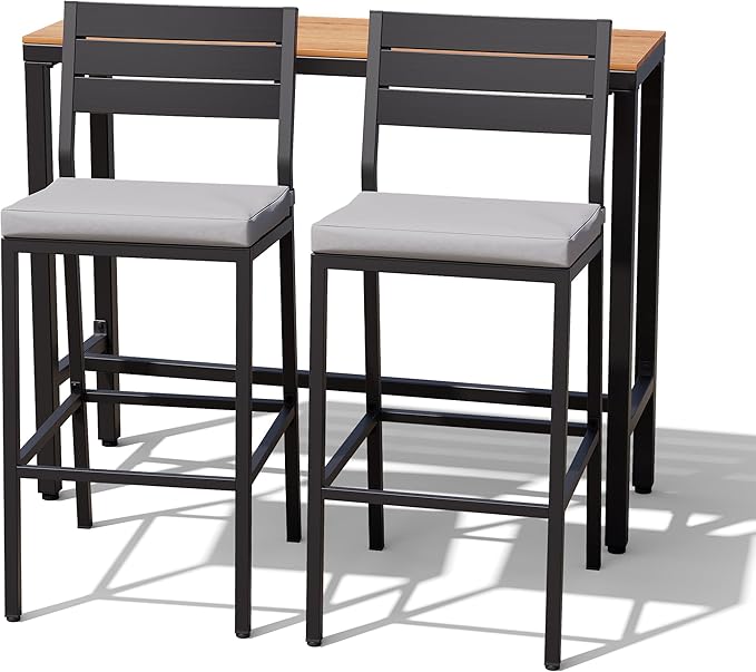 Crestlive Products Outdoor Bar Table and Chairs Set, 3 Piece Outside Patio Bar Set with 43" Long Bar Table and 2 Bar Stools for Balcony, Bistro, Garden, Backyard(Brown Desktop and Light Gray Cushion)