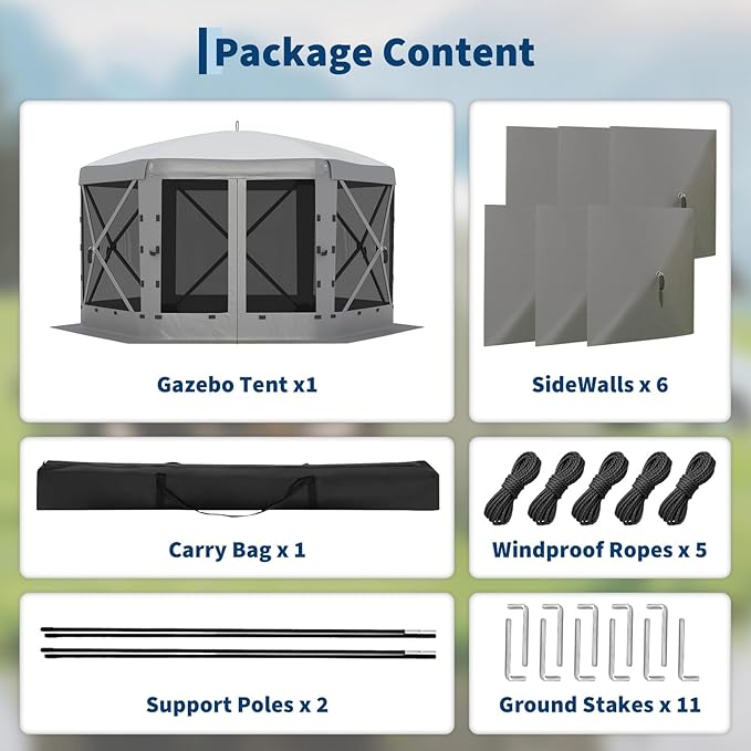 11.5x11.5FT 6-Sided Pop Up Gazebo Tent,One-Push Setup Canopy Tent with Mesh Panels & Removable Wind Cloths, Outdoor shelter for Camping, Backyard Parties, Outdoor Events - Grey