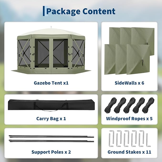 11.5x11.5FT 6-Sided Pop Up Gazebo Tent,One-Push Setup Canopy Tent with Mesh Panels & Removable Wind Cloths, Outdoor shelter for Camping, Backyard Parties, Outdoor Events - Army Green