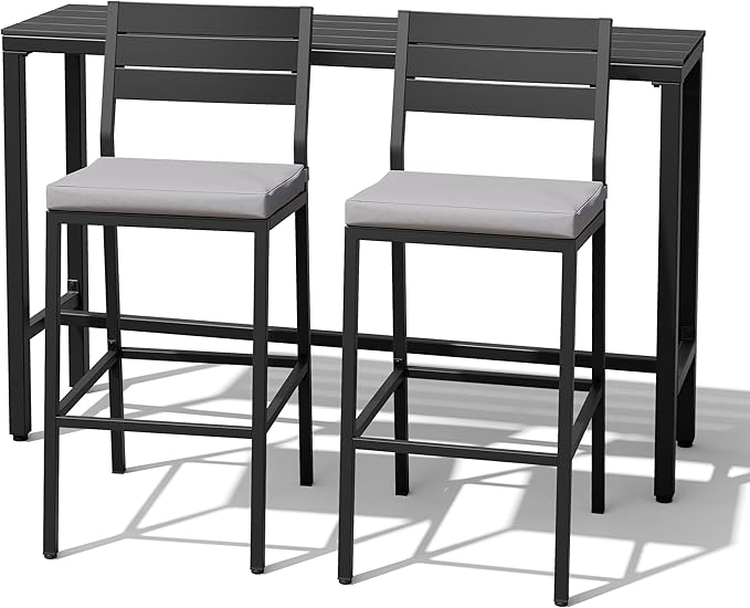 Crestlive Products Outdoor Bar Table and Chairs Set, 3 Piece Outside Patio Bar Set with 43" Long Bar Table and 2 Bar Stools for Balcony, Bistro, Garden, Backyard(Black Desktop and Light Gray Cushion)