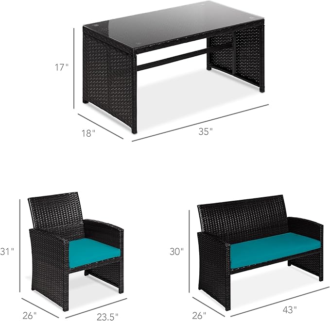 Best Choice Products 4-Piece Outdoor Wicker Patio Conversation Furniture Set for Backyard w/Coffee Table, Seat Cushions - Black/Teal