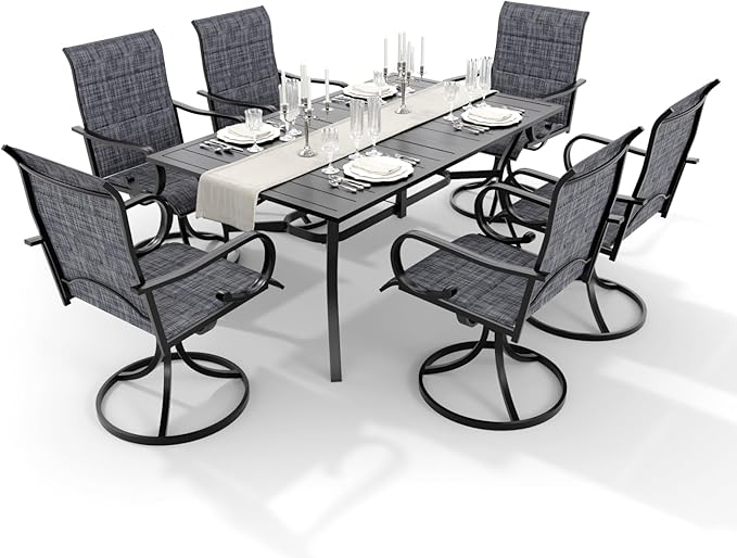 MELLCOM 7 Pieces Outdoor Dining Set, 6 Swivel Rocker Chairs with High Back Textilene & Rectangular Metal Dining Table with Umbrella Hole, Patio Furniture Set for Porch, Deck, Grey