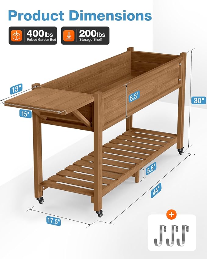 YEFU Raised Garden Bed with Legs: 57x18x30in Elevated Poly Planter with Wheels,Waterproof Mobile Raised Bed Garden, Elevated Planter Box Stand with Storage Shelf,for Herb,Carrot,Tomato (Teak,2pcs)