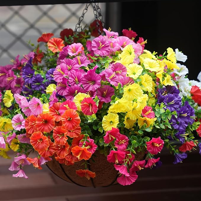 Artificial Flowers for Outdoors, UV Resistant Fake Silk Morning Glory, Realistic Faux Plants for Outside Porch Patio Window Box Hanging Planter (12, Purple Fuchsia Yellow Orange)