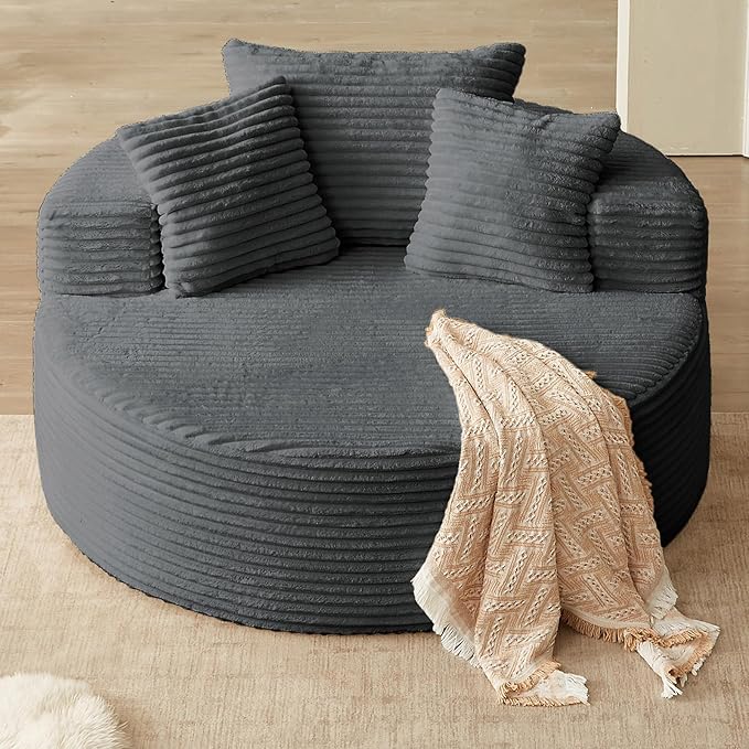 Oversized Round Chair Lounge Chaise Indoor, Upholstered Corduroy Deep Seat Cloud Large Circle Sofa Chair, No Assembly Required, Fluffy Modern Sleeper Sofa Bed for Reading, Living Room, Dark Gray