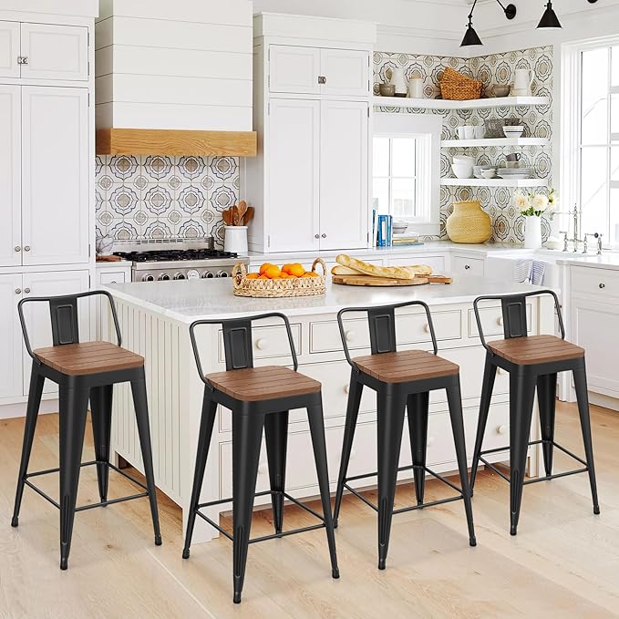 HAOBO Home 26" Outdoor Barstools Patio Stool Metal Bar Stools Set of 4 Counter Height Barstools with Wood Plastic Seat Industrial Bar Chairs Metal Kitchen Stools