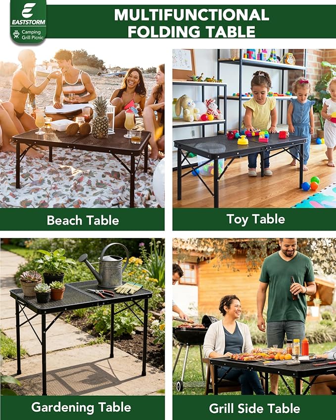 3 ft Folding Table with Adjustable Height (16.5" & 26"), Black Metal Mesh Table with Carry Handle, Portable for Camping, Tailgating, BBQ, Picnic & Indoor, Fits 3–6 People, 7.5 lb, Supports 66 lb