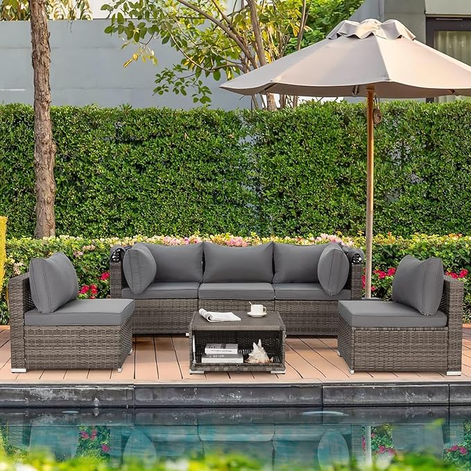 HOMREST 6 Pieces Patio Furniture Sets, Outdoor Daybed with Canopy, Rattan Outdoor Sectional Sofa Set with Adjustable Backrest, Chaise Chair Sunbed for Garden Poolside Backyard(Gray)