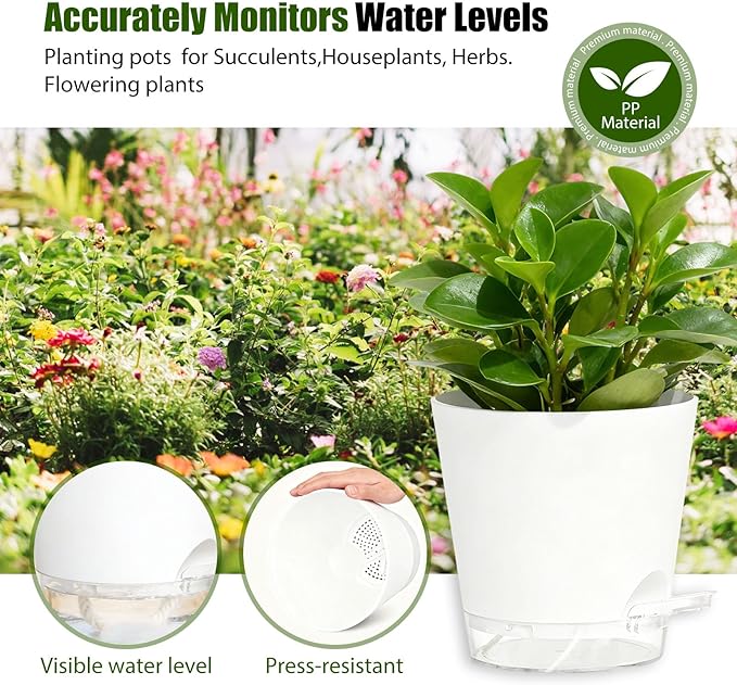 Plant Pots 4/5/5.5/6/6.5/7/8 Inch Self Watering Pots, 7 Pack Plastic Planters with Drainage Holes and Clear Saucers,Plastic Flower Pots,Nursery Planting Pot for Indoor Out Door Plants(White)