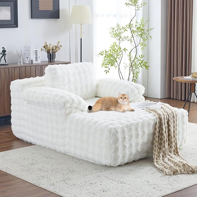 VINGLI 67.7" Oversized Chaise Lounge Chair Indoor Reading Chairs Comfy Bubble Fleece Upholstered Boneless Sofa Bed Sleeper Sofa Cloud Couches for Living Room, Bedroom, Play Room (White)