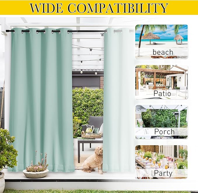 NICETOWN 2 Panels Waterproof Outdoor Curtains Fixed Grommet & Back Tab on Top & Bottom, Thermal Insulated Keep Rain & Sun Out Privacy Windproof Outdoor Draperies with Rope, W52 x L72, Aqua Blue