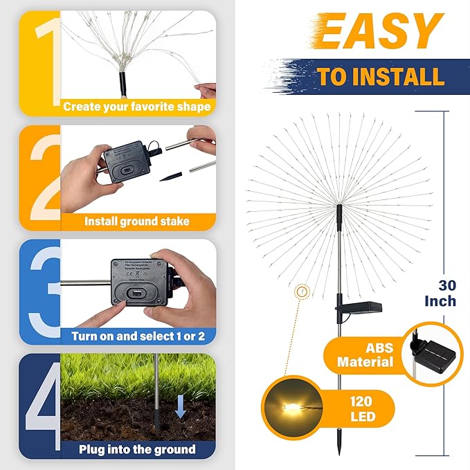 Solar Garden Lights Outdoor Decorative, 4pack 120 LED Firework Lights Waterproof,Solar Fairy Lights for Outside,Garden,Yard, Patio,Pathway,Flowerbed,Party(Warm White)