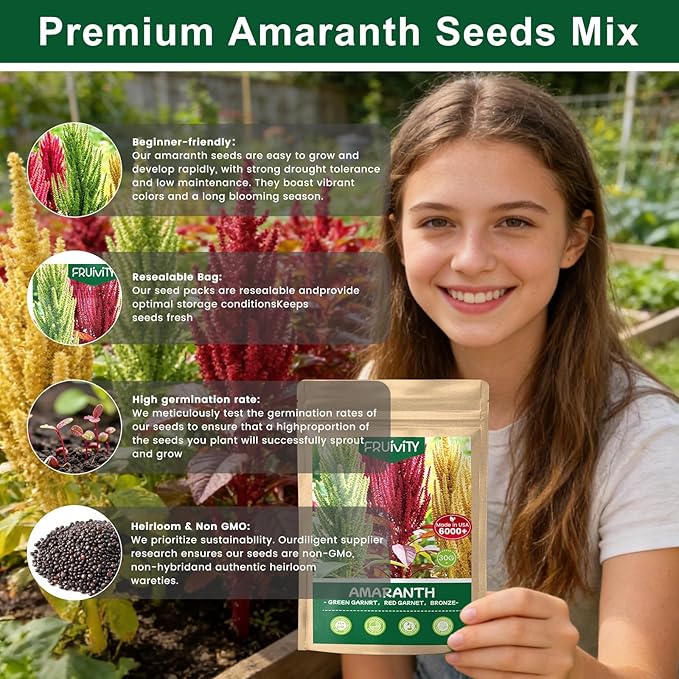 6000+ Amaranth Seeds for Planting, Non-GMO Heirloom Seeds for Outdoor Garden Home - Red & Green Garnet, Bronze, High Germination Flower Seeds for Vegetables Garden & Cut Flowers, Easy to Grow