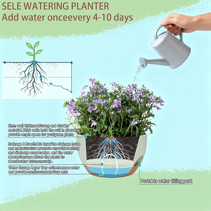 Set of 2-8 Inch Self Watering Hanging Planters for Indoor Outdoor,Hanging Plant Pots with Drainage & Removable Tray, Hanging Pots Holder for Ivy, Pothos, Ferns, Balcony & Patio, Green Brown
