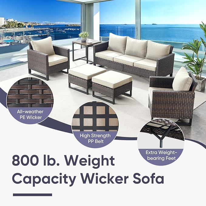 Belord 6 Piece Outdoor Furniture Patio Wicker Sofa Set, Oversize Outdoor Swivel Rocker Chairs with Rattan Ottomans, Conversation Sets Patio Furniture Come with Removable Washable