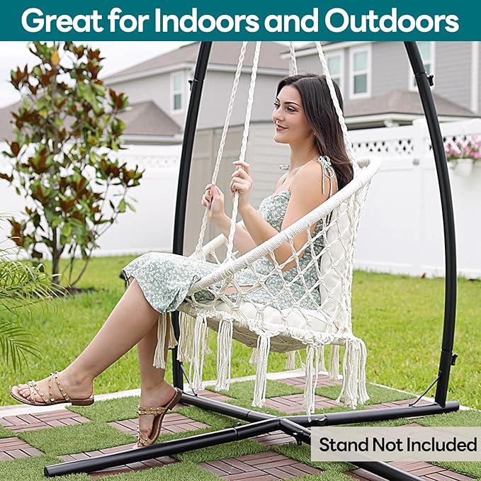 JoyView Macrame Hammock Chair Hanging Swing Chair Max 330 Lbs with 2 Cushions and Hardware Kits for Indoor Outdoor Bedroom Patio Garden - Light Grey
