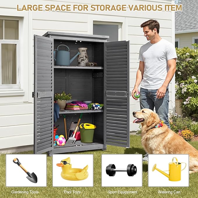 Outvita Outdoor Storage Cabinet, 63in Wooden Garden Tools Shed with 2 Lockable Doors, 3 Adjustable Shelves, Waterproof Roof for Yard Garge Patio Deck Porch(Grey)