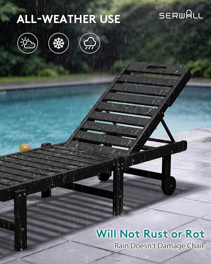 SERWALL Patio Chaise Lounge Chair, HDPE Outdoor Lounge Chair with Cup Holder, 5 Positions Adjustable Poly Lounger with Rolling Wheels for Poolside, Deck, Sunbathing, Black