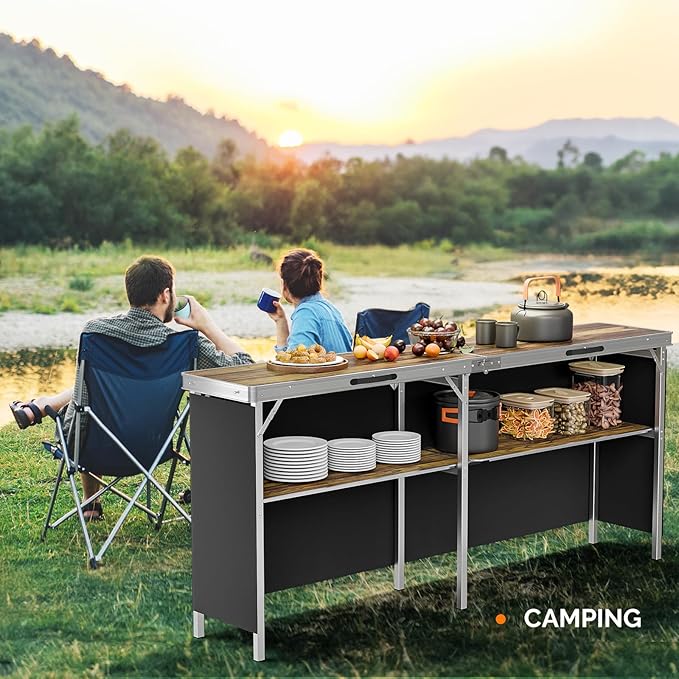 VINGLI 78" Portable Bar Table, 2-Tier Shelves, Mobile Bar Table for Events, Party, Camping, Picnic, Tradeshow, Indoor with Black Skirt