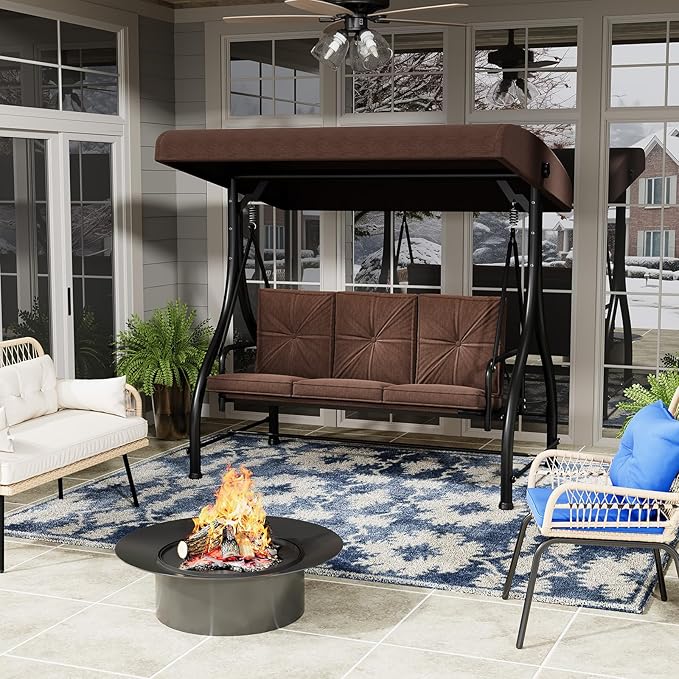 U-MAX Porch Swing Chair with Adjustable Backrest&Canopy, 3 Seat Patio Swing with Canopy 2-in-1 Convertible Outdoor Swing with Canopy Patio Daybed with Removable Brown Cushions for Adults