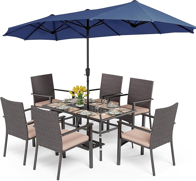 PHI VILLA 7 Pieces Outdoor Dining Set with Umbrella for 6, Rectangular Wood-Top Metal Table & Wicker Chairs with Cushions & 13ft Blue Umbrella, Modern Dining Furniture Set for Patio,Deck,Backyard
