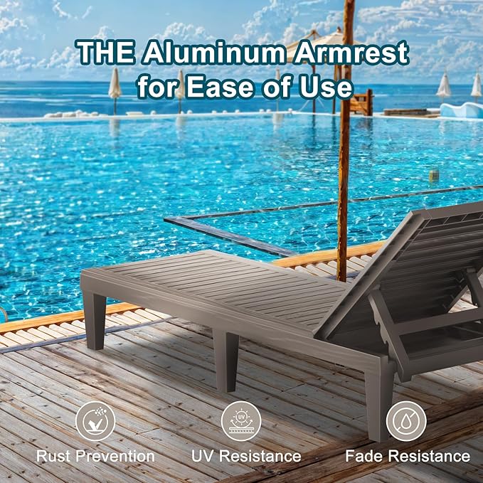 ROJIK Outdoor Chaise Lounge Chair Set of 2,with 5-Position Adjustable Backrest,Waterproof & Lightweight | Durable Indoor/Outdoor Patio Lounger Chair for Garden Pool Beach,Grey