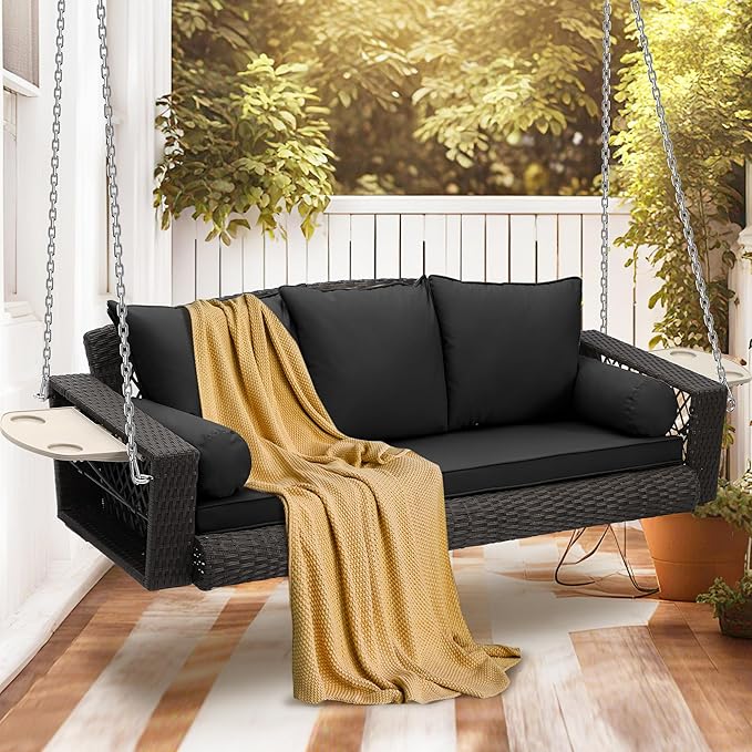 Outdoor Wicker Patio Porch Swing - 3 Person Swing Outdoor Hanging Porch Swing Seat Bench with Chains for Yard, Deck, Garden (Brown Rattan Black Cushion)