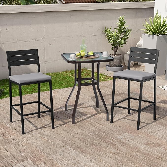 Crestlive Products Outdoor Bar Stools Set of 4, Patio Counter Height Barstools with Cushions, Tall Chairs with Back and Footrest for Deck, Lawn, Garden, Backyard, Poolside, Or Indoor Use (Light Gray)