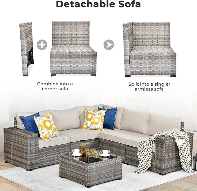 ovios 6 Pieces Patio Furniture Set, Outdoor Wicker Sectional Sofa with Glass Table Comfy Cushions, Modern Modular Deep Seat Couch Rattan Conversation Set, Beige