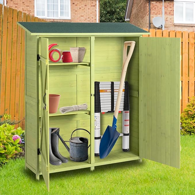 Outvita Outdoor Storage Cabinet with Waterproof Roof, Double Lockable Doors Garden Shed with 2 Removable Shelves, Wooden Storage Shed with Large Storage Space for Yard Garge Patio Deck Porch(Green)