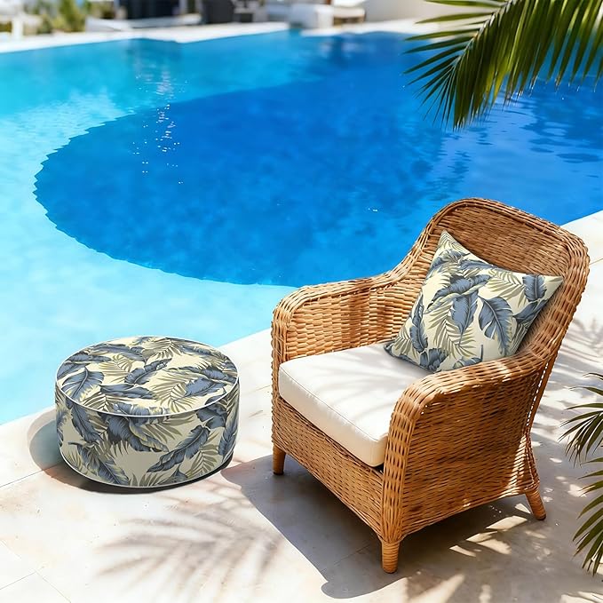 LVTXIII Inflatable Stool Ottoman Footrest with Handle, Decorative Fade-Resistant Foot Stool, Indoor or Outdoor Pouf for Home Garden and Camping Use, D21 x W 21 x H9, Lush Palm Blue