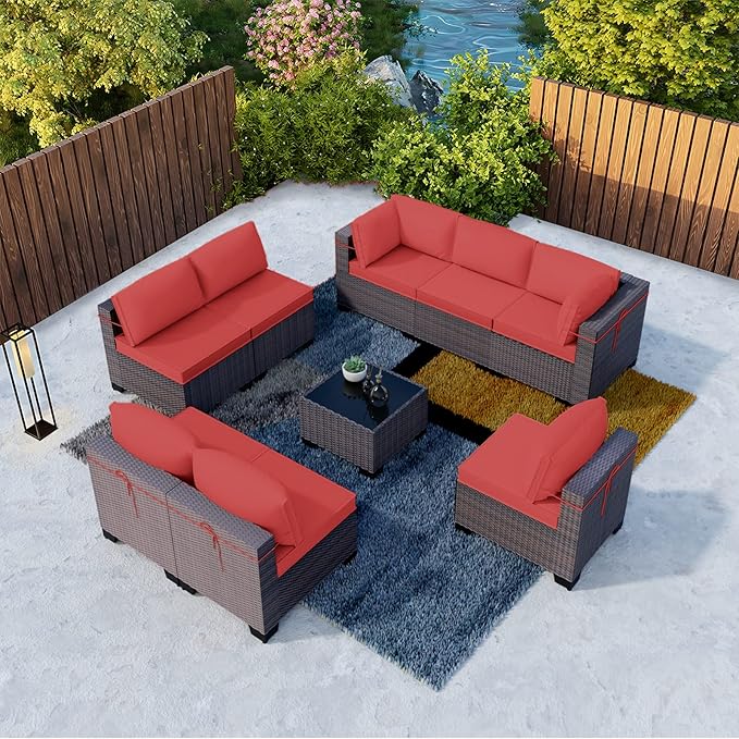 Kullavik 9 Pieces Outdoor Patio Furniture Set,Outdoor Sectional Rattan Sofa Set Brown PE Rattan Wicker Patio Conversation Set with Tempered Glass Coffee Table and Washable Cushions Covers,Red