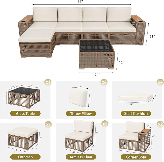 Devoko Patio Furniture Set 6 Piece Outdoor Sectional Sofa Hollow Rattan Patio Seating Sofa with Coffee Table & Ottoman for Deck, Porch, Poolside