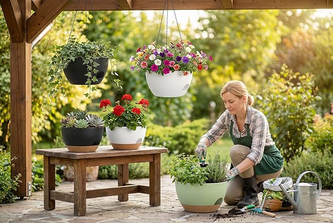 Hanging Planters 3-Pack, 8 Inch Self-Watering Hanging Pots with Drainage Hole and Chains, Plastic Planters for Indoor Outdoor(Black)