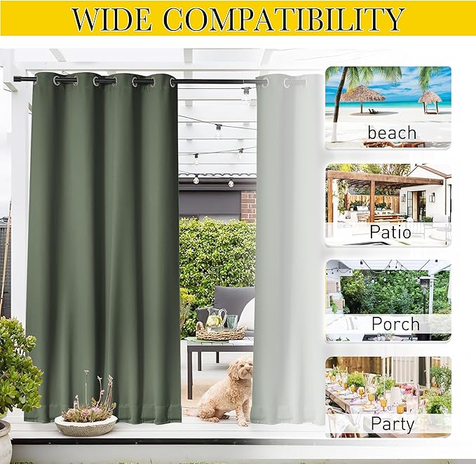 NICETOWN 2 Panels Weighted Blackout Outdoor Curtains for Patio Waterproof, Grommet & Back Tab on top and Bottom Windproof Privacy Thermal Drapes for Cabana with Fixed Rope, W52 x L95, Greyish Green