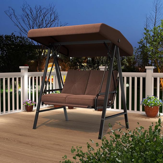 AECOJOY Outdoor Patio Swing Chair for Adults, 2-Seat Porch Swings with Adjustable Canopy, Outside Swing Bench with Removable Cushion, Suitable for Backyard, Garden, Yard, Poolside, Balcony