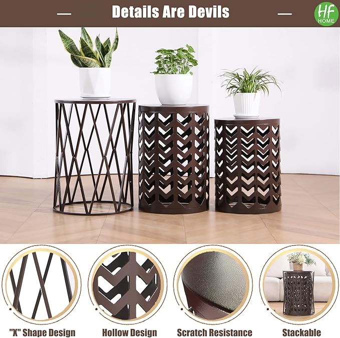 HFHOME Round Nesting Coffee Tables, Set of 3 End Tables for Living Room Balcony Office, Heavy Duty Metal Stacking Side Tables for Home Indoor - Brown