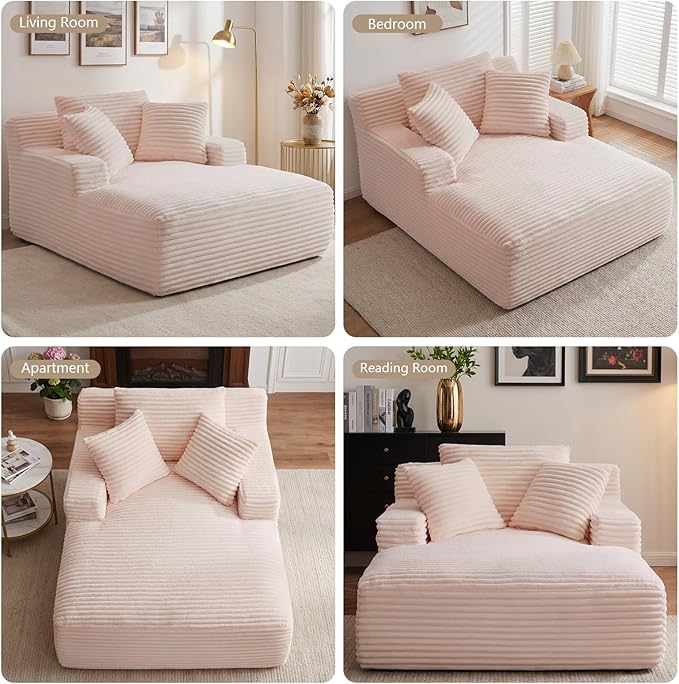 66" Chaise Lounge Chair Indoor, Oversized Boneless Couch Comfy Upholstered Sleeper Sofa Bed with 3 Pillows, Corduroy Cloud Reading Chair for Living Room No Assembly Required, Pink