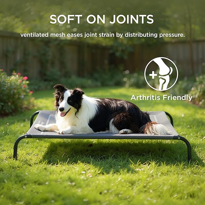 Bedsure Outdoor Elevated Dog Beds for Small Dogs, Portable Indoor & Outdoor Cooling Raised Cot Pet Hammock Bed with Skid-Resistant Feet, Frame with Breathable Mesh, Grey, 35 inches