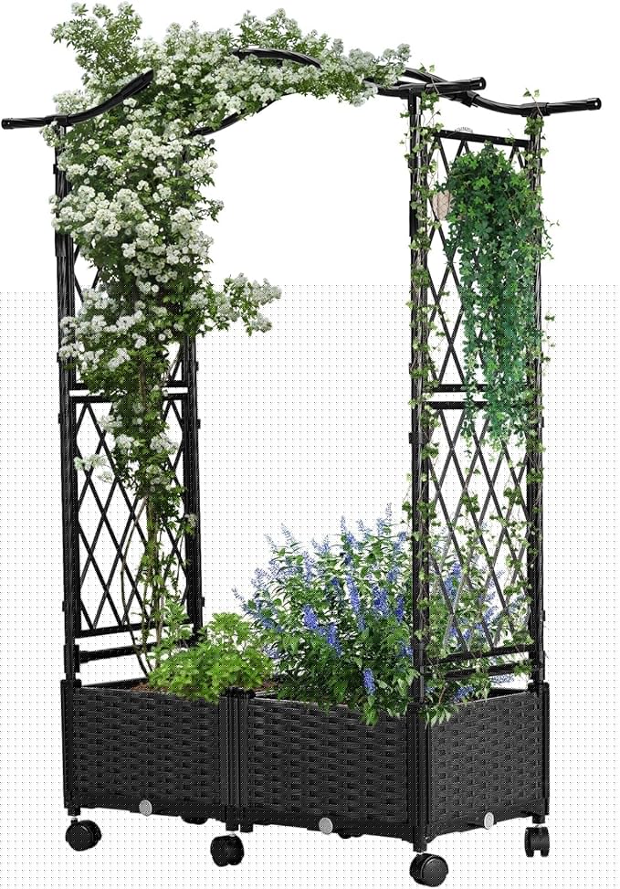 Planter Box with Trellis Outdoor, Plastic Raised Garden Bed Trellis Planter Box with Wheels and Drainage Hole for Patio Balcony Backyard Indoor Flower Vegetable Tomato, Black