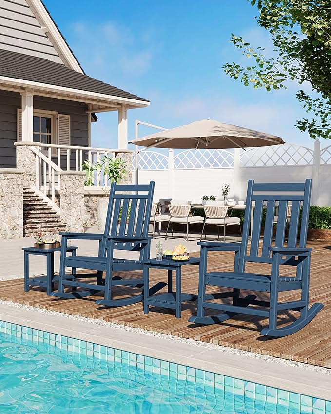 GarveeLife Poly Lumber Rocking Chair Outdoor Set of 6 - HDPE High Back Porch Rocker Chairs for Adults - All Weather Resistant Furniture for Patio - Navy Blue
