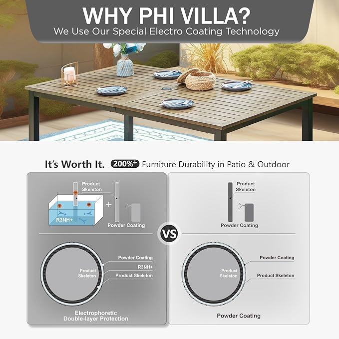 PHI VILLA 7 Pieces Outdoor Dining Set for 6, 65” Wood-Like Metal Rectangle Dining Table & Rattan Wicker Chairs with Cushions, Large Dining Furniture Set for Patio, Deck, Porch, Yard