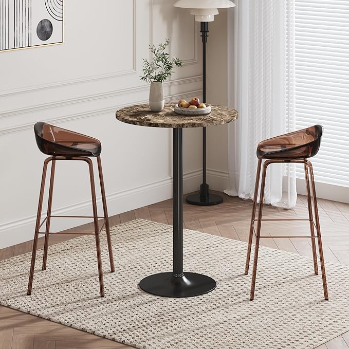 Flamaker Round Bistro Pub Table Modern Style Metal Base MDF Top Cocktail Bar Table Counter Bar Height for Pub, Dining Room, Party (2, Marble-Black)