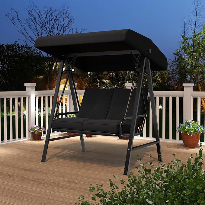 AECOJOY 2-Seat Outdoor Patio Swing Chair with Adjustable Canopy, Porch Swings Chairs for Adult, Outside Swing Bench with Removable Cushion, Suitable for Backyard, Garden, Yard, Poolside, Balcon, Black