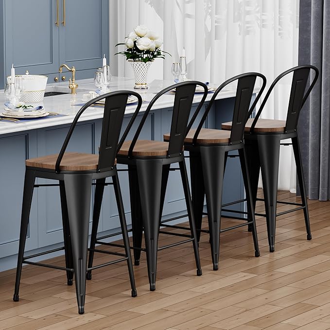 Yongqiang 26 inch Bar Stools Set of 4 Black Metal Counter Height Stools Modern Farmhouse Kitchen Island Barstools Bar Chairs with Large Wooden Seat, High Back