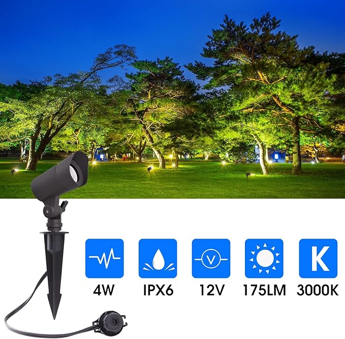 LED Landscape Lights with Connectors, 12V Low Voltage, Warm White 3000k, 4W, 175LM, Outdoor Waterproof Garden Pathway Lights Wall Tree Flag Spotlights with Spike Stand, 4 Pack