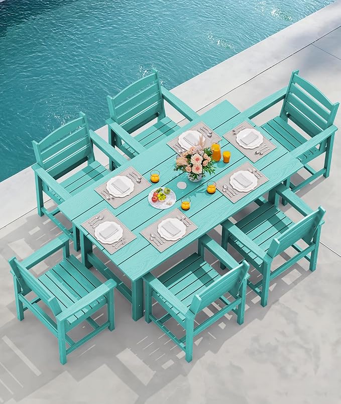 SERWALL 8-Piece Patio Dining Sets with 15FT Double Side Patio Umbrella, Outdoor HDPE Dining Furniture Set with Umbrella Hole Cut-Out Table and 6 Chairs, Aruba(Umbreall Base not Included)