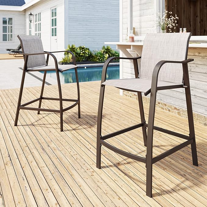 Crestlive Products Outdoor Bar Stools Set of 2, Counter Height Bar Stool All-Weather Patio Furniture with Armrests, Patio Aluminum Bar Stools for Garden Backyard Lawn, 27.5'' Seat Height (Beige)