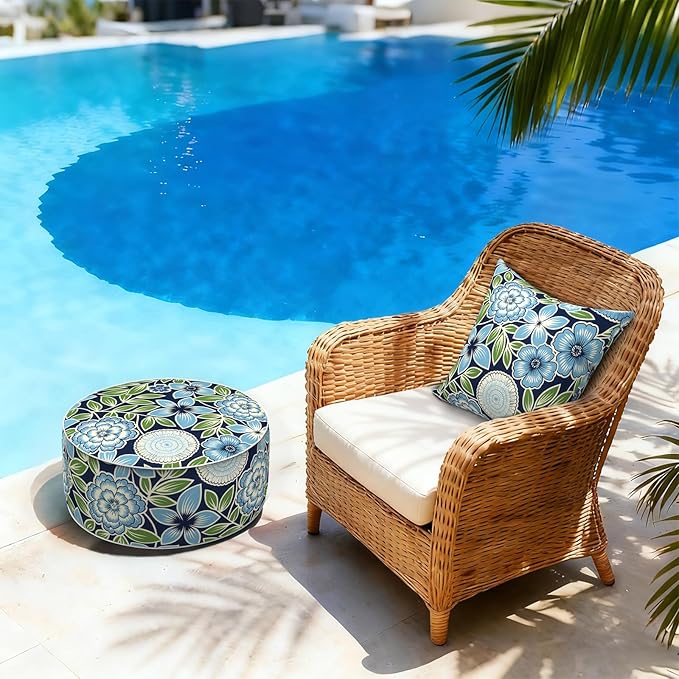 LVTXIII Inflatable Stool Ottoman Footrest with Handle, Decorative Fade-Resistant Foot Stool, Indoor or Outdoor Pouf for Home Garden and Camping Use, 21x21x9, Azure Botanical Symphony